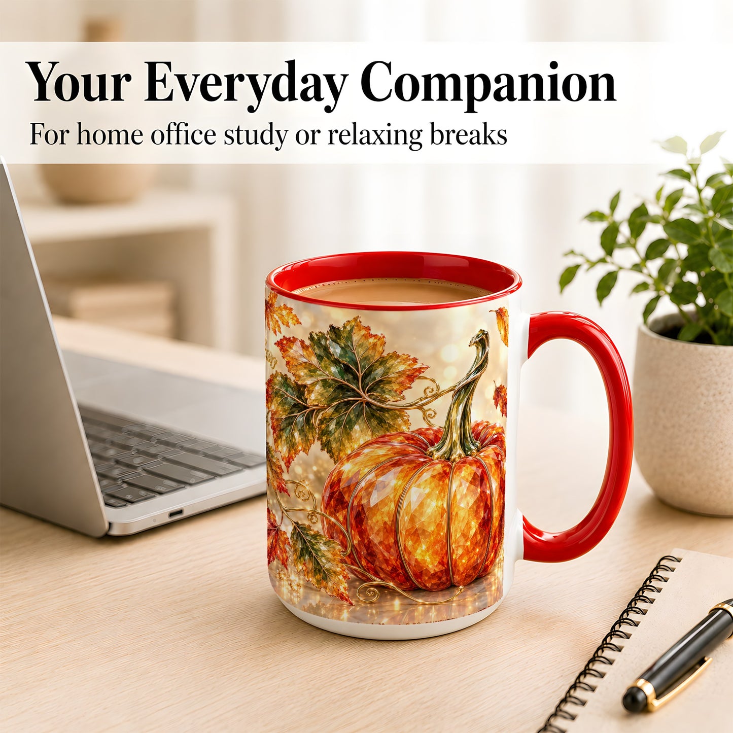 #pl[15oz|Red] Faceted Pumpkin Coffee Mug, Autumn Harvest Leaves Mug, Ceramic Cup
