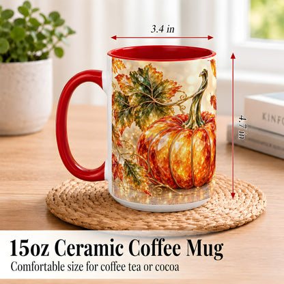 #pl[15oz|Red] Faceted Pumpkin Coffee Mug, Autumn Harvest Leaves Mug, Ceramic Cup