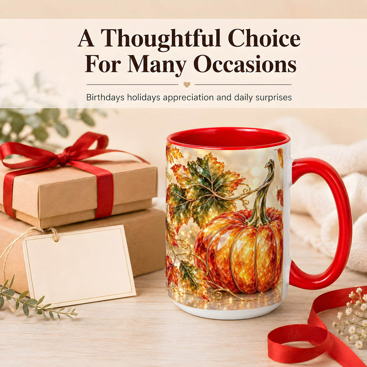 #pl[15oz|Red] Faceted Pumpkin Coffee Mug, Autumn Harvest Leaves Mug, Ceramic Cup