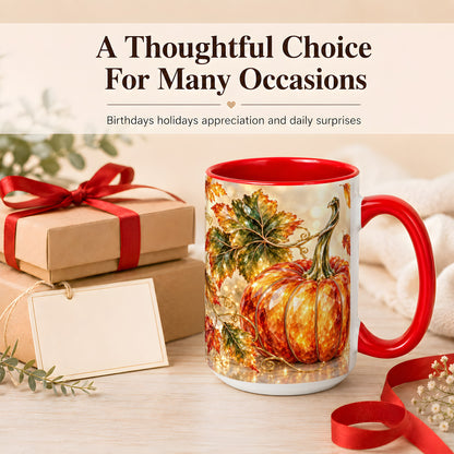 #pl[15oz|Red] Faceted Pumpkin Coffee Mug, Autumn Harvest Leaves Mug, Ceramic Cup