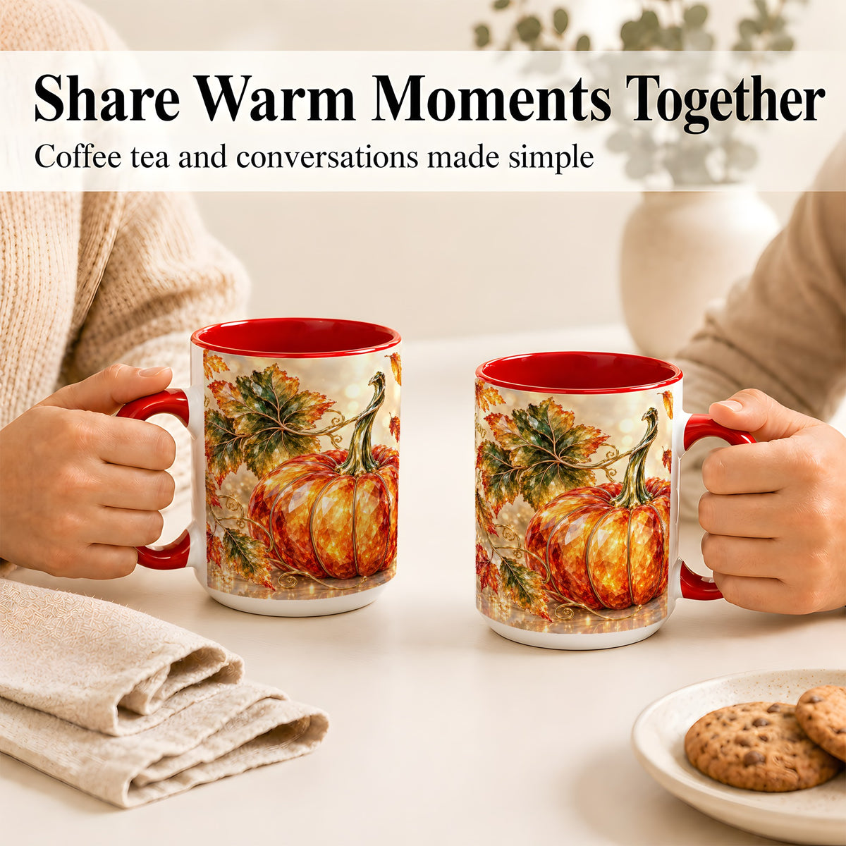 #pl[15oz|Red] Faceted Pumpkin Coffee Mug, Autumn Harvest Leaves Mug, Ceramic Cup