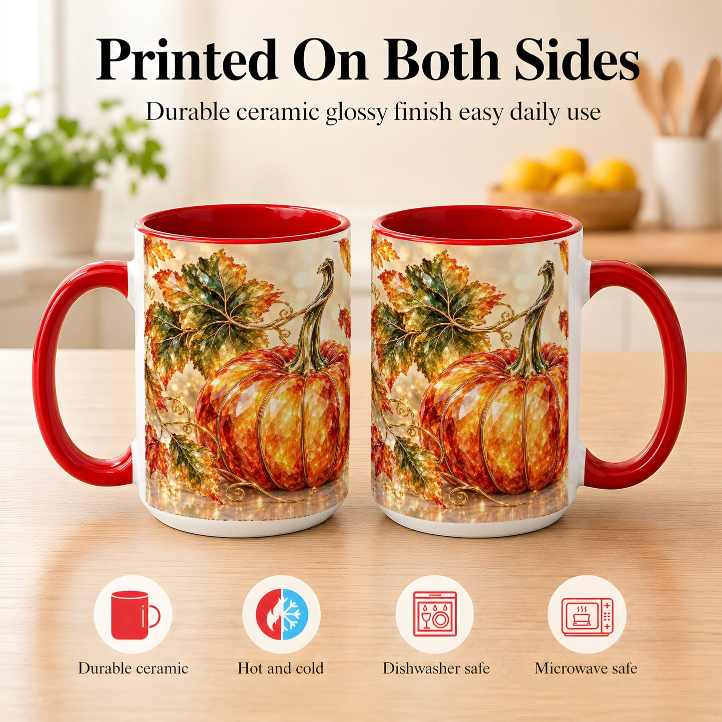 #pl[15oz|Red] Faceted Pumpkin Coffee Mug, Autumn Harvest Leaves Mug, Ceramic Cup