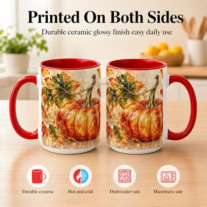 #pl[15oz|Red] Faceted Pumpkin Coffee Mug, Autumn Harvest Leaves Mug, Ceramic Cup