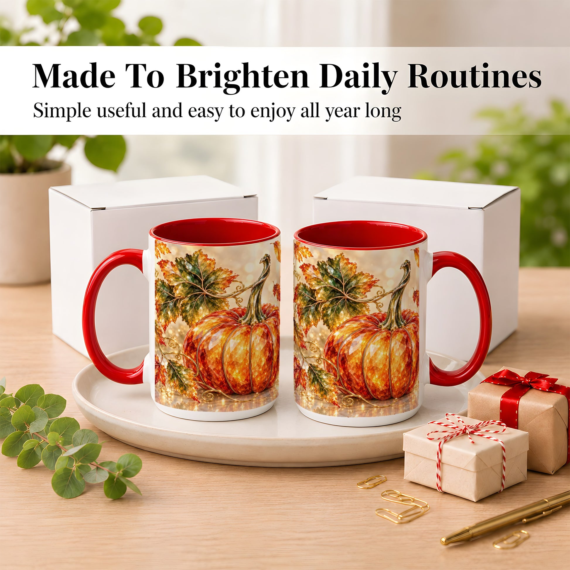 #pl[15oz|Red] Faceted Pumpkin Coffee Mug, Autumn Harvest Leaves Mug, Ceramic Cup