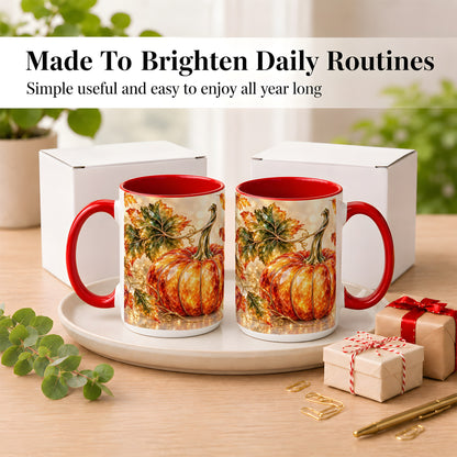#pl[15oz|Red] Faceted Pumpkin Coffee Mug, Autumn Harvest Leaves Mug, Ceramic Cup