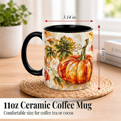 #pl[11oz|Black] Stained Glass Style Pumpkin Coffee Mug, Autumn Leaves Mug, Ceramic Cup