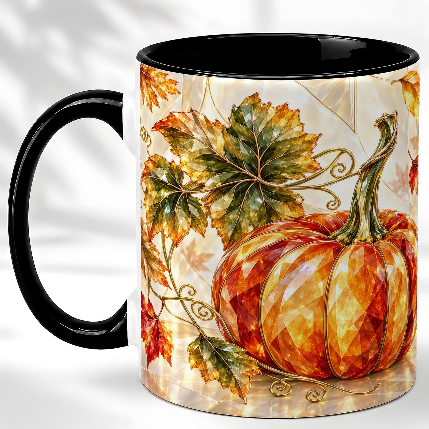 #pl[11oz|Black] Stained Glass Style Pumpkin Coffee Mug, Autumn Leaves Mug, Ceramic Cup