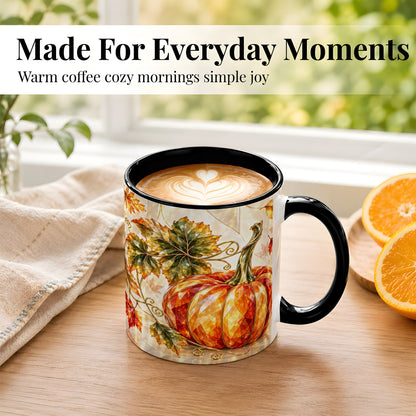 #pl[11oz|Black] Stained Glass Style Pumpkin Coffee Mug, Autumn Leaves Mug, Ceramic Cup