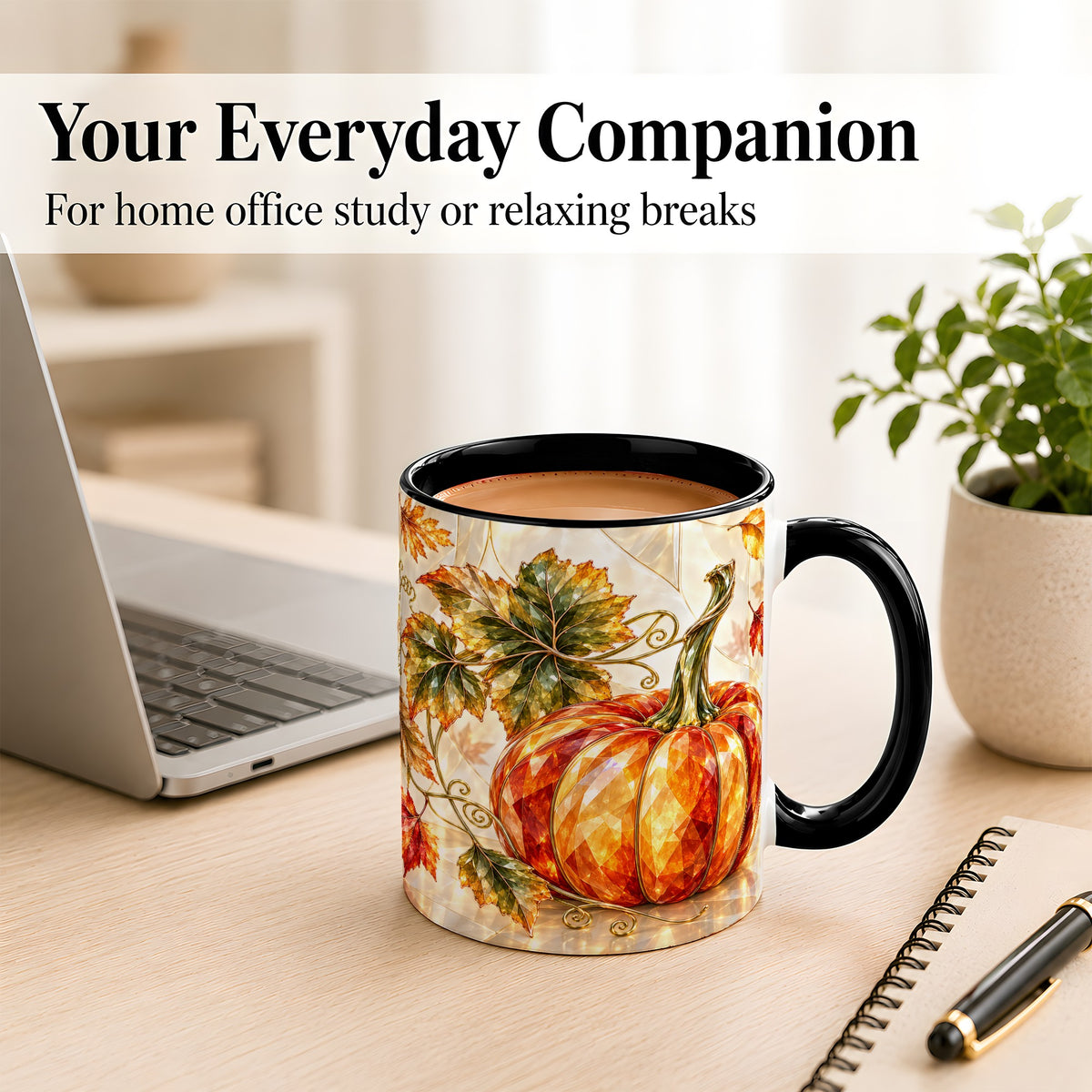 #pl[11oz|Black] Stained Glass Style Pumpkin Coffee Mug, Autumn Leaves Mug, Ceramic Cup