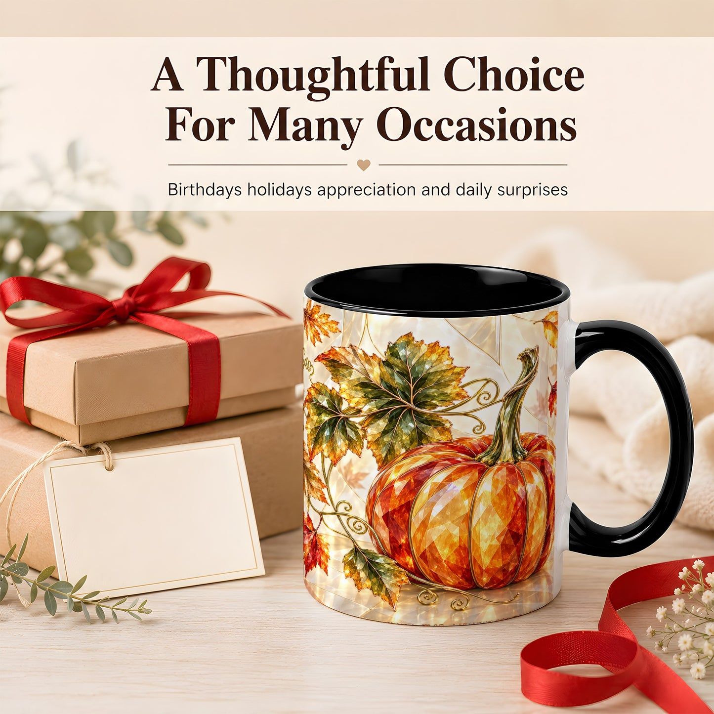 #pl[11oz|Black] Stained Glass Style Pumpkin Coffee Mug, Autumn Leaves Mug, Ceramic Cup