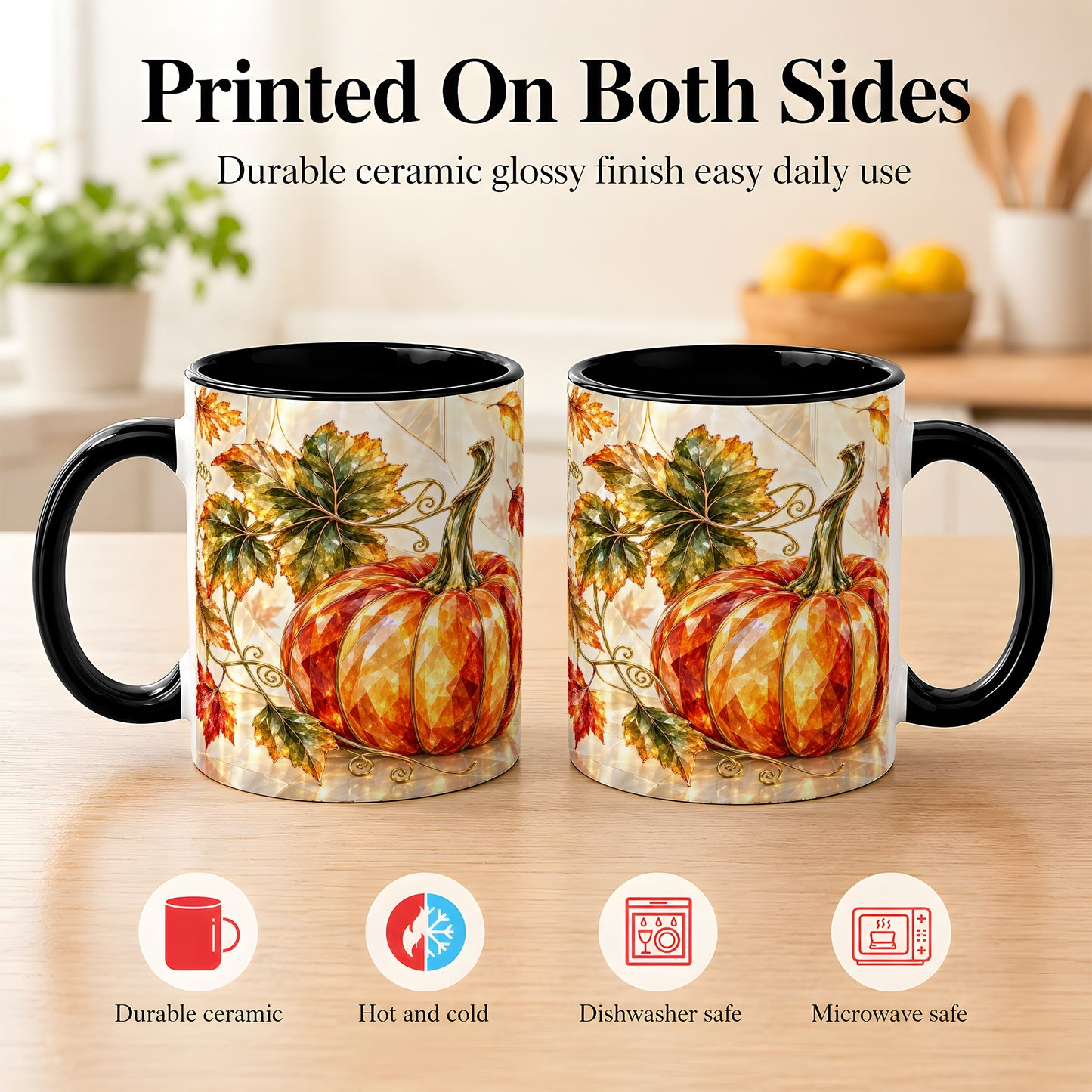 #pl[11oz|Black] Stained Glass Style Pumpkin Coffee Mug, Autumn Leaves Mug, Ceramic Cup