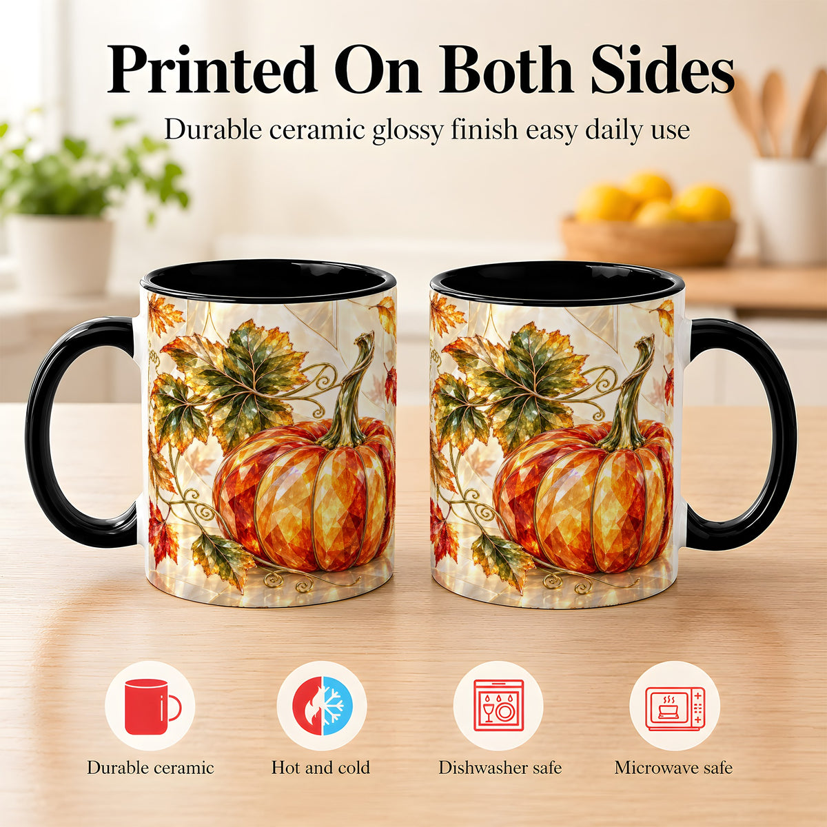 #pl[11oz|Black] Stained Glass Style Pumpkin Coffee Mug, Autumn Leaves Mug, Ceramic Cup