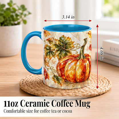 #pl[11oz|Blue] Stained Glass Style Pumpkin Coffee Mug, Autumn Leaves Mug, Ceramic Cup