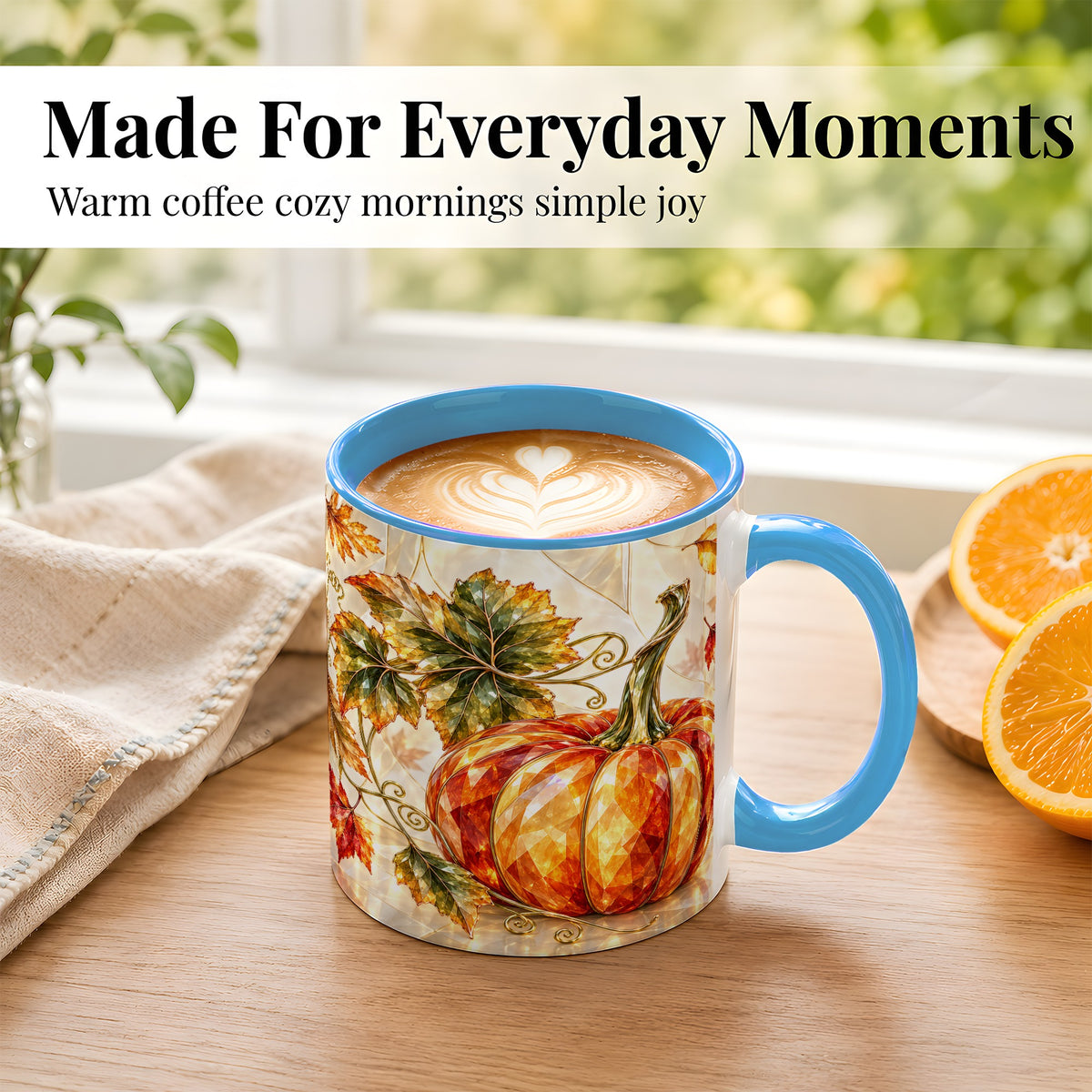 #pl[11oz|Blue] Stained Glass Style Pumpkin Coffee Mug, Autumn Leaves Mug, Ceramic Cup