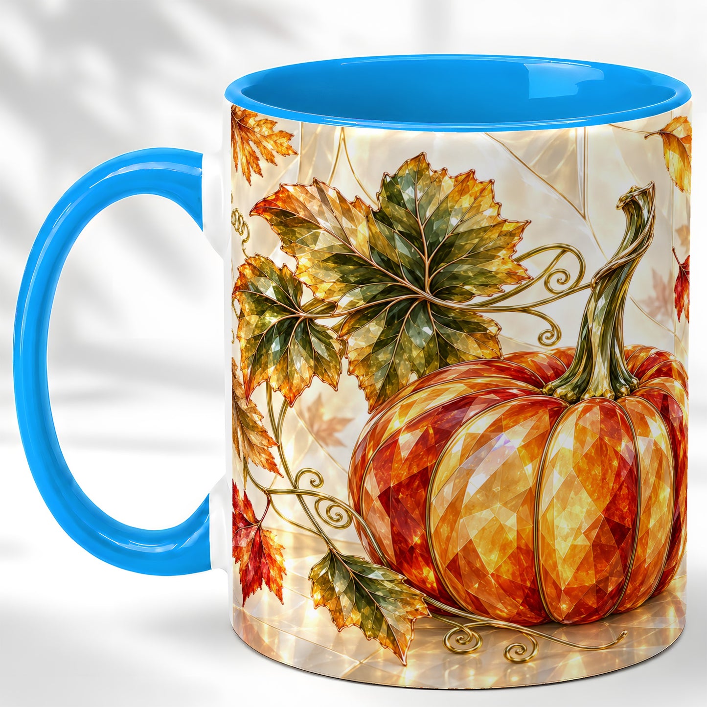 #pl[11oz|Blue] Stained Glass Style Pumpkin Coffee Mug, Autumn Leaves Mug, Ceramic Cup