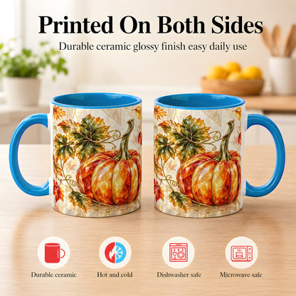#pl[11oz|Blue] Stained Glass Style Pumpkin Coffee Mug, Autumn Leaves Mug, Ceramic Cup