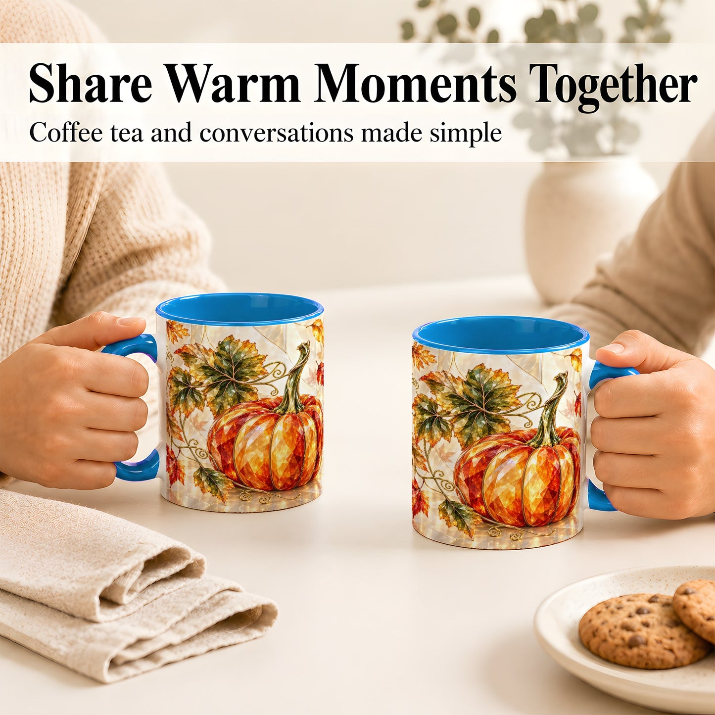 #pl[11oz|Blue] Stained Glass Style Pumpkin Coffee Mug, Autumn Leaves Mug, Ceramic Cup
