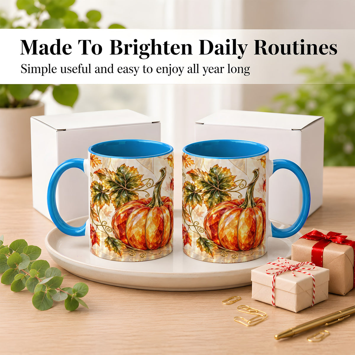 #pl[11oz|Blue] Stained Glass Style Pumpkin Coffee Mug, Autumn Leaves Mug, Ceramic Cup