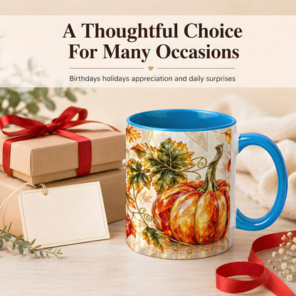 #pl[11oz|Blue] Stained Glass Style Pumpkin Coffee Mug, Autumn Leaves Mug, Ceramic Cup