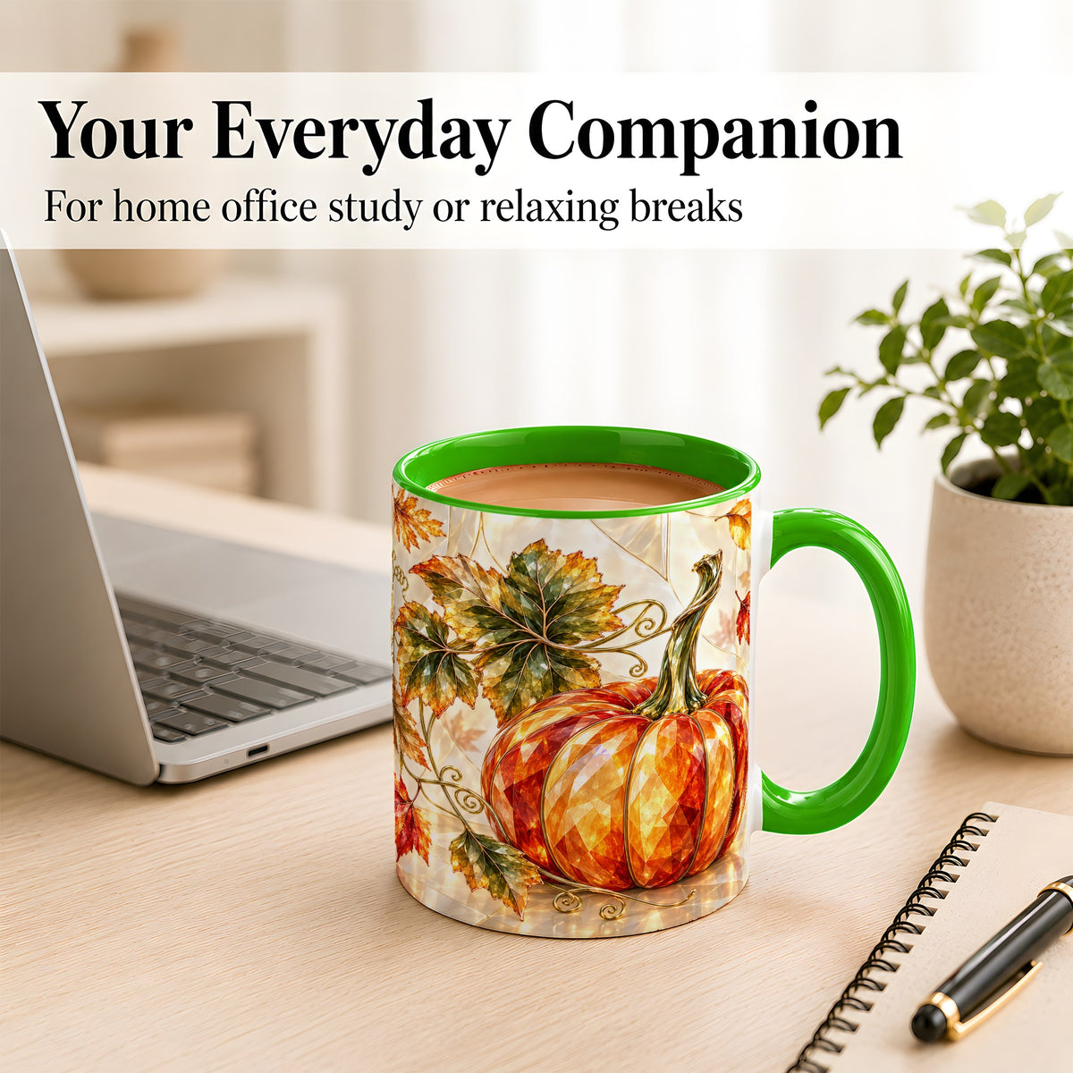 #pl[11oz|Green] Stained Glass Style Pumpkin Coffee Mug, Autumn Leaves Mug, Ceramic Cup