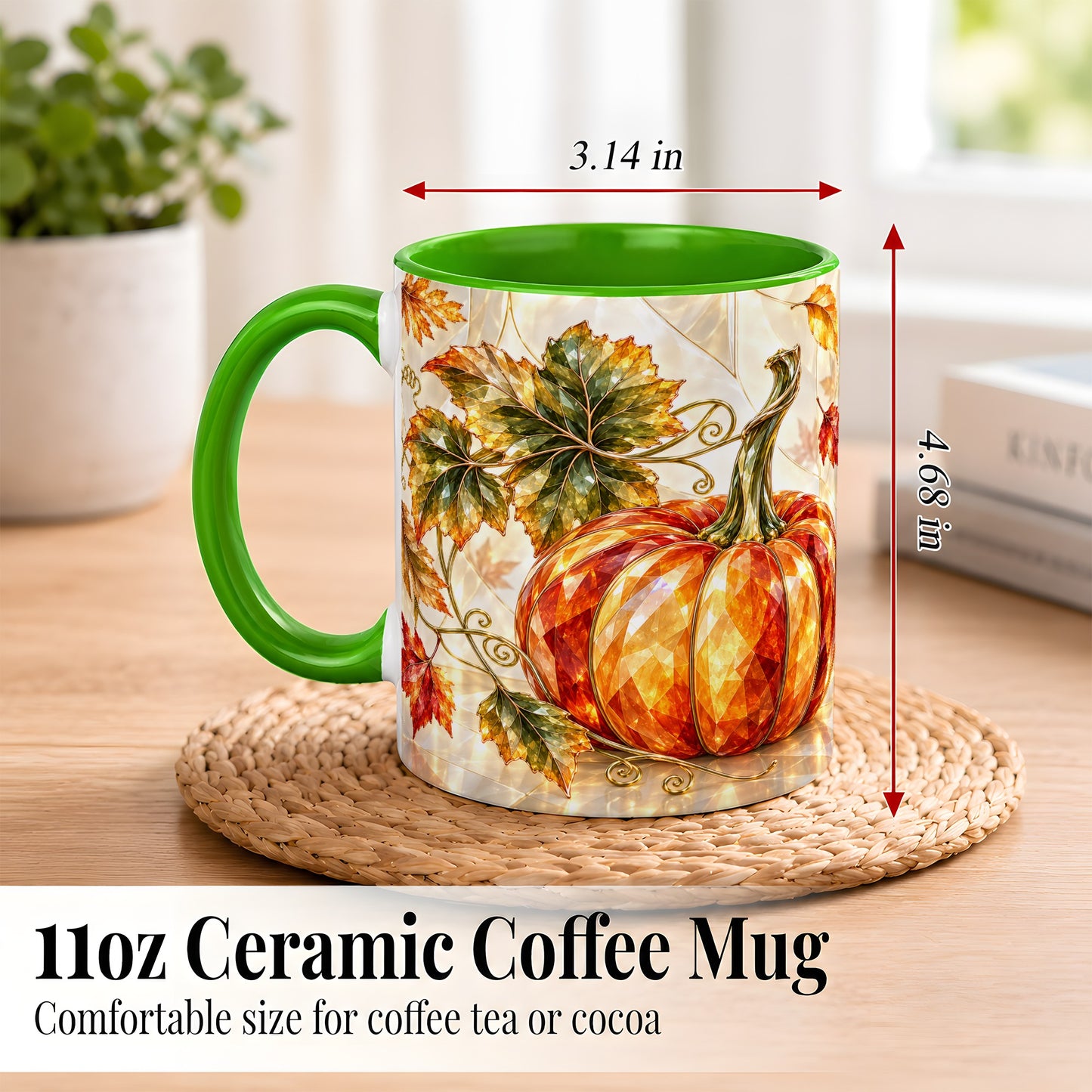 #pl[11oz|Green] Stained Glass Style Pumpkin Coffee Mug, Autumn Leaves Mug, Ceramic Cup