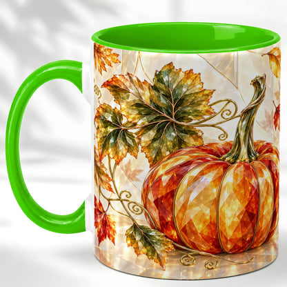 #pl[11oz|Green] Stained Glass Style Pumpkin Coffee Mug, Autumn Leaves Mug, Ceramic Cup