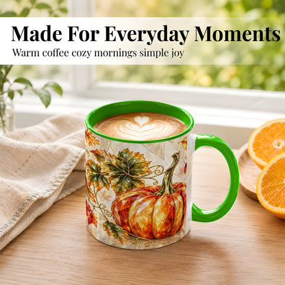 #pl[11oz|Green] Stained Glass Style Pumpkin Coffee Mug, Autumn Leaves Mug, Ceramic Cup