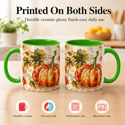 #pl[11oz|Green] Stained Glass Style Pumpkin Coffee Mug, Autumn Leaves Mug, Ceramic Cup