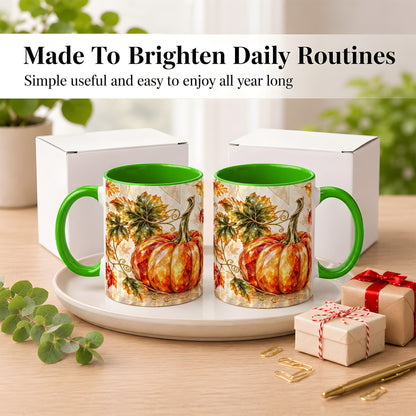 #pl[11oz|Green] Stained Glass Style Pumpkin Coffee Mug, Autumn Leaves Mug, Ceramic Cup