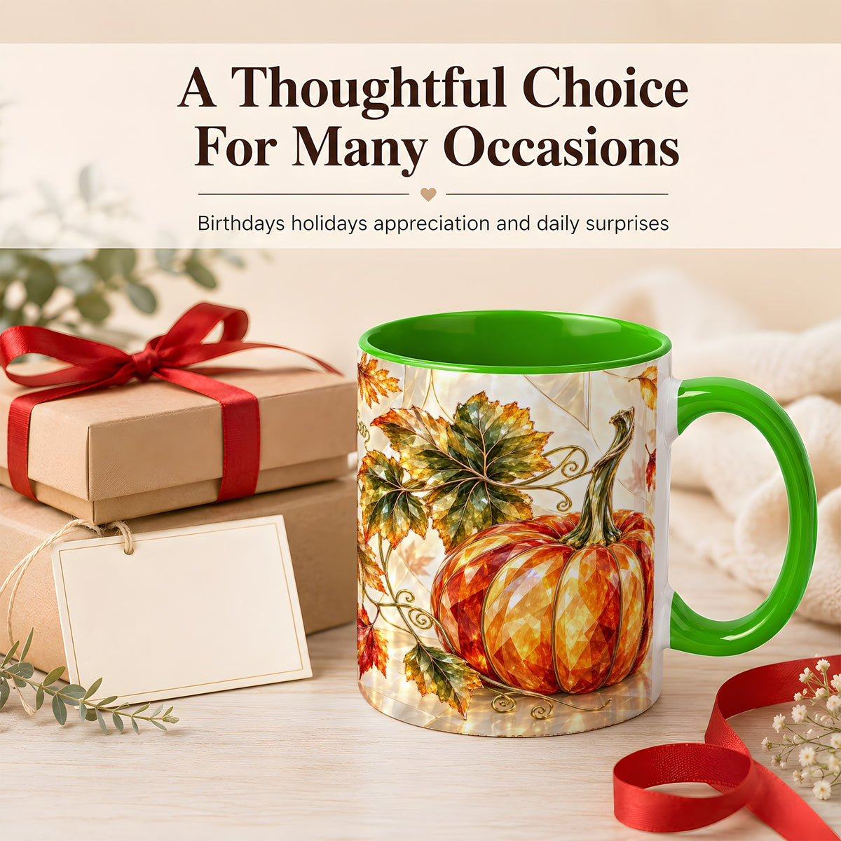 #pl[11oz|Green] Stained Glass Style Pumpkin Coffee Mug, Autumn Leaves Mug, Ceramic Cup