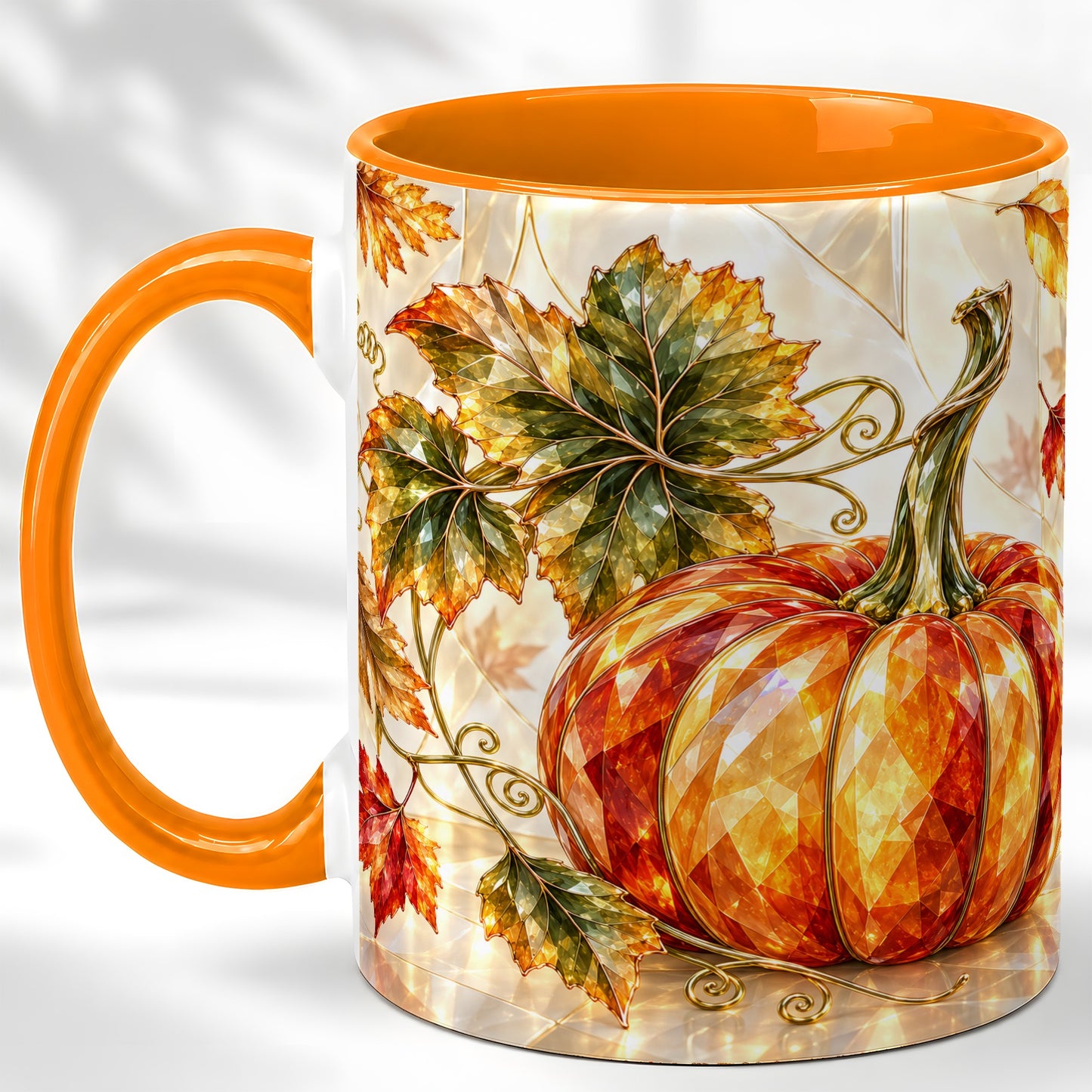 #pl[11oz|Orange] Stained Glass Style Pumpkin Coffee Mug, Autumn Leaves Mug, Ceramic Cup