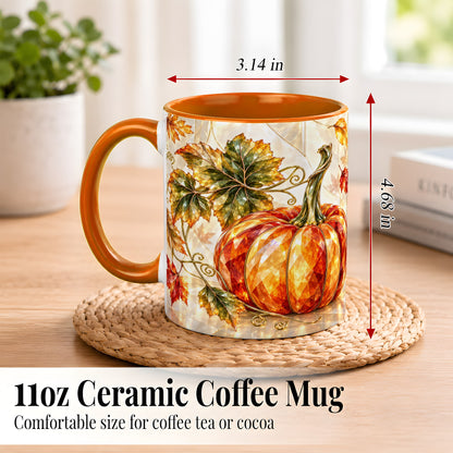 #pl[11oz|Orange] Stained Glass Style Pumpkin Coffee Mug, Autumn Leaves Mug, Ceramic Cup