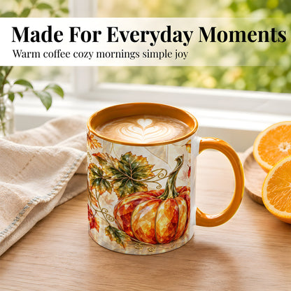 #pl[11oz|Orange] Stained Glass Style Pumpkin Coffee Mug, Autumn Leaves Mug, Ceramic Cup