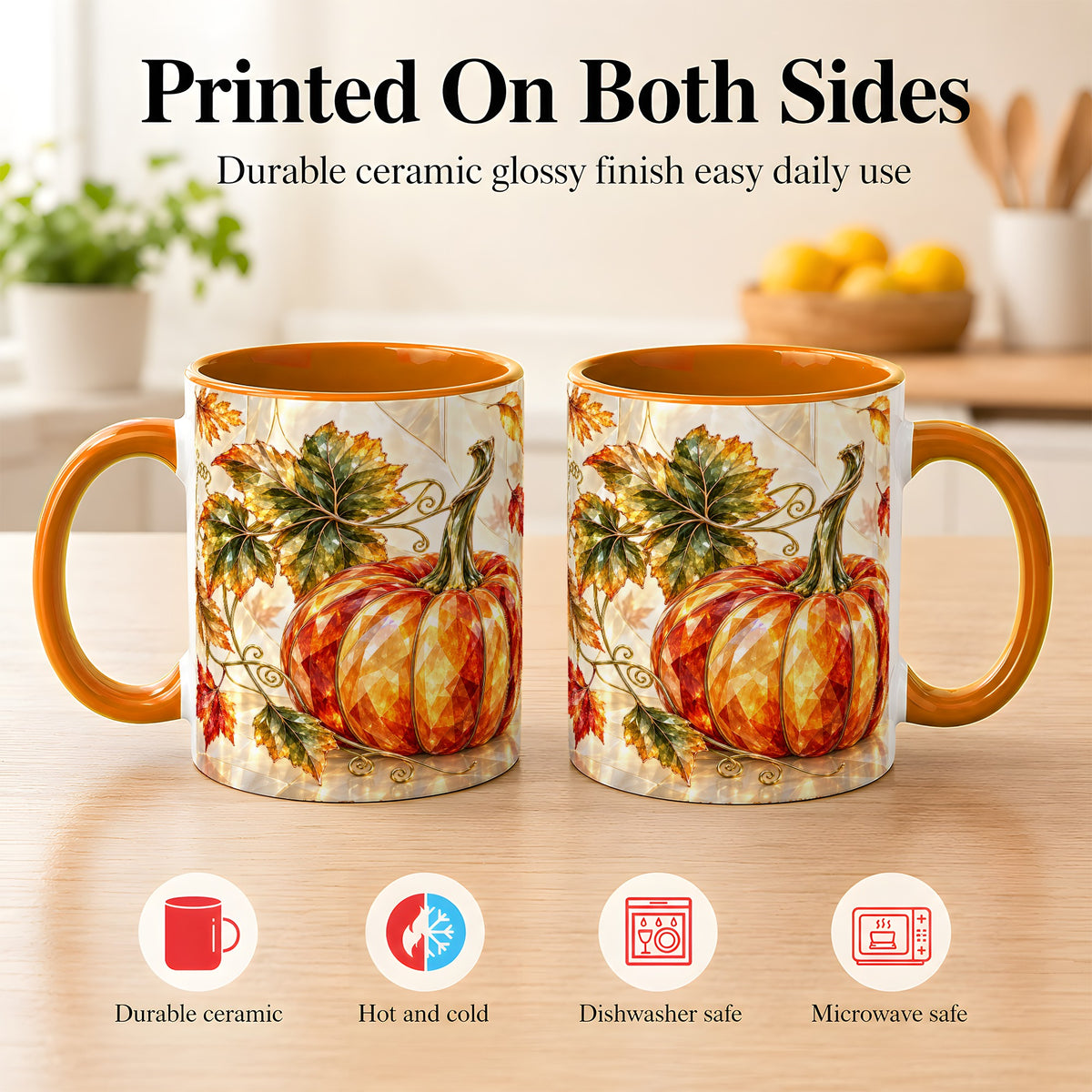#pl[11oz|Orange] Stained Glass Style Pumpkin Coffee Mug, Autumn Leaves Mug, Ceramic Cup