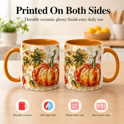 #pl[11oz|Orange] Stained Glass Style Pumpkin Coffee Mug, Autumn Leaves Mug, Ceramic Cup