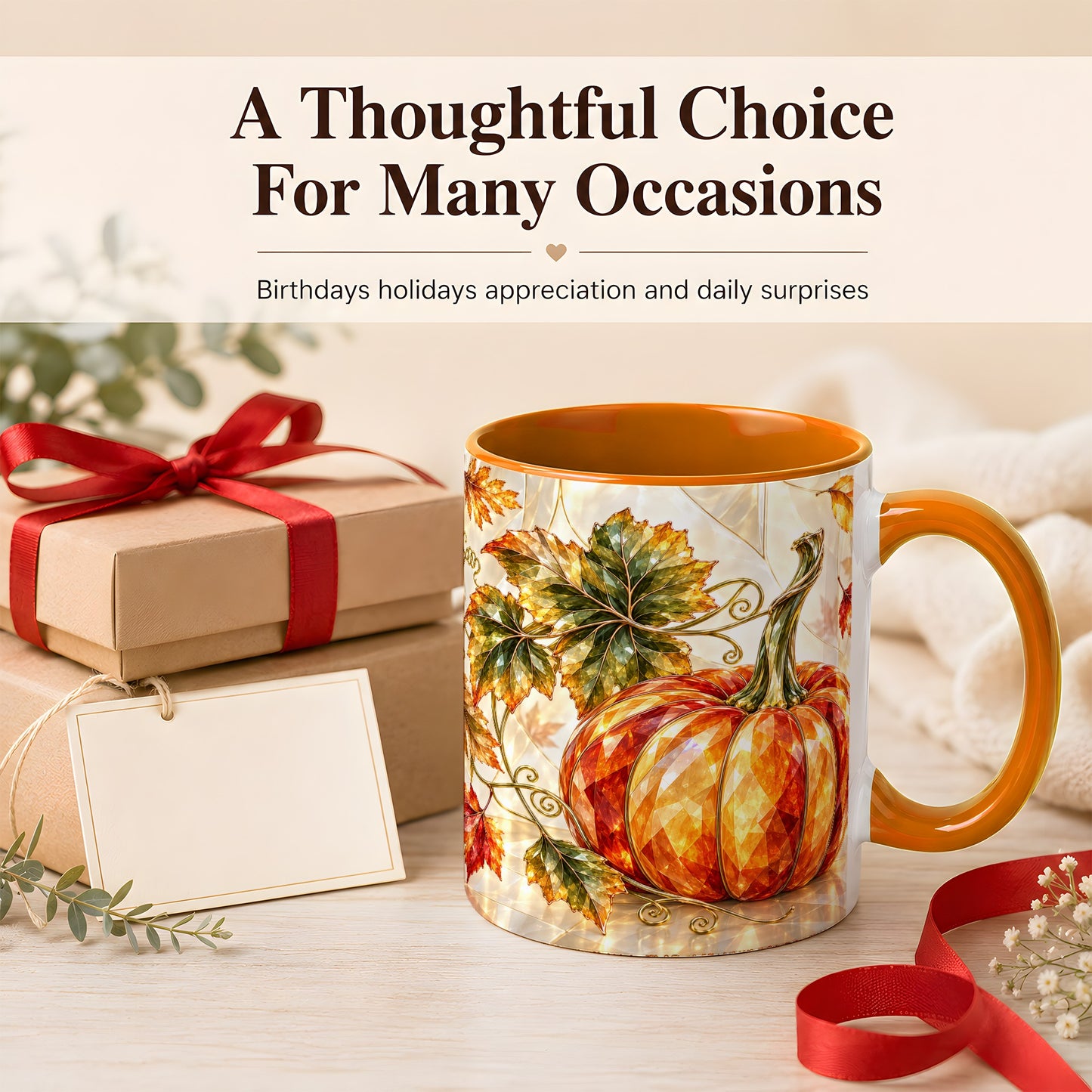 #pl[11oz|Orange] Stained Glass Style Pumpkin Coffee Mug, Autumn Leaves Mug, Ceramic Cup