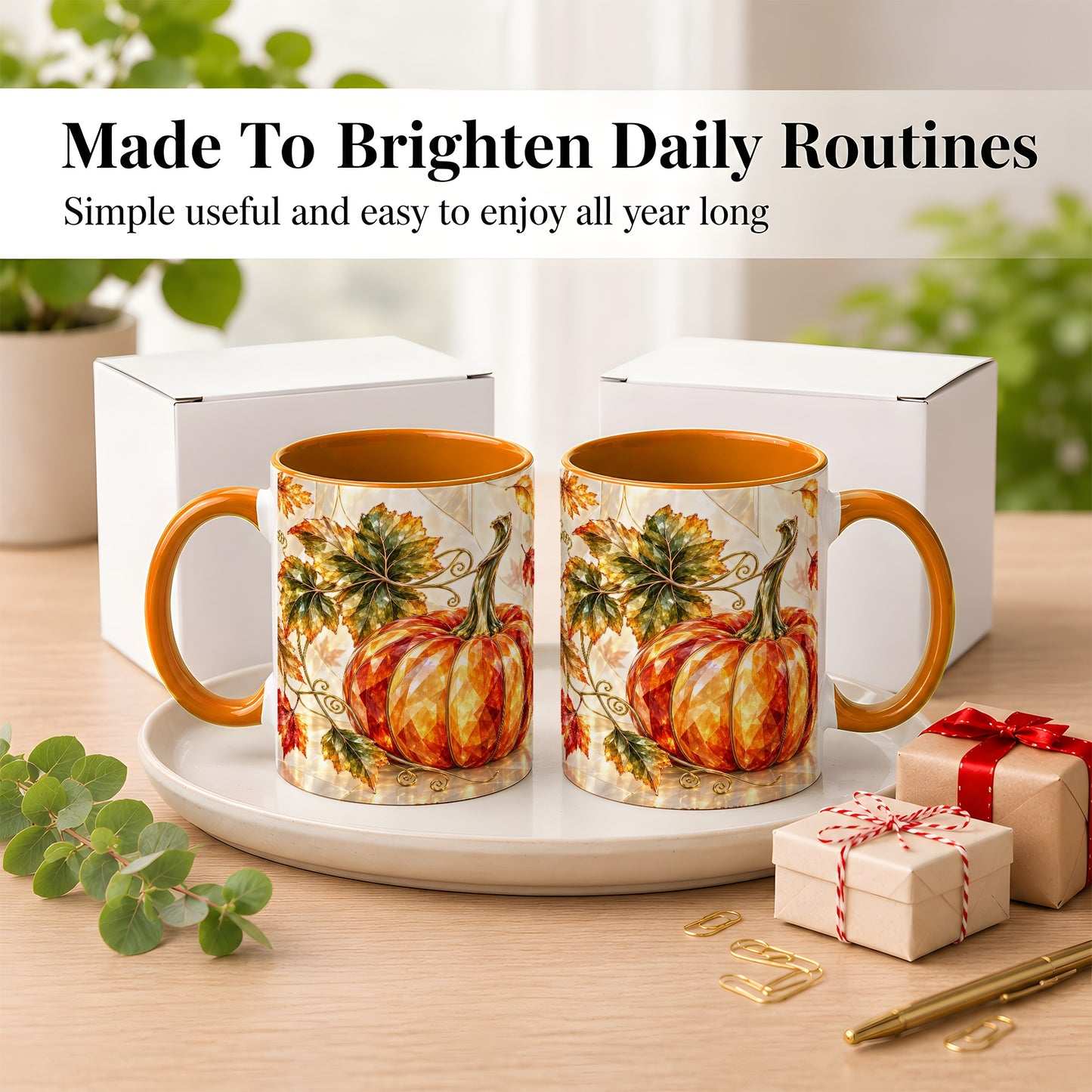 #pl[11oz|Orange] Stained Glass Style Pumpkin Coffee Mug, Autumn Leaves Mug, Ceramic Cup