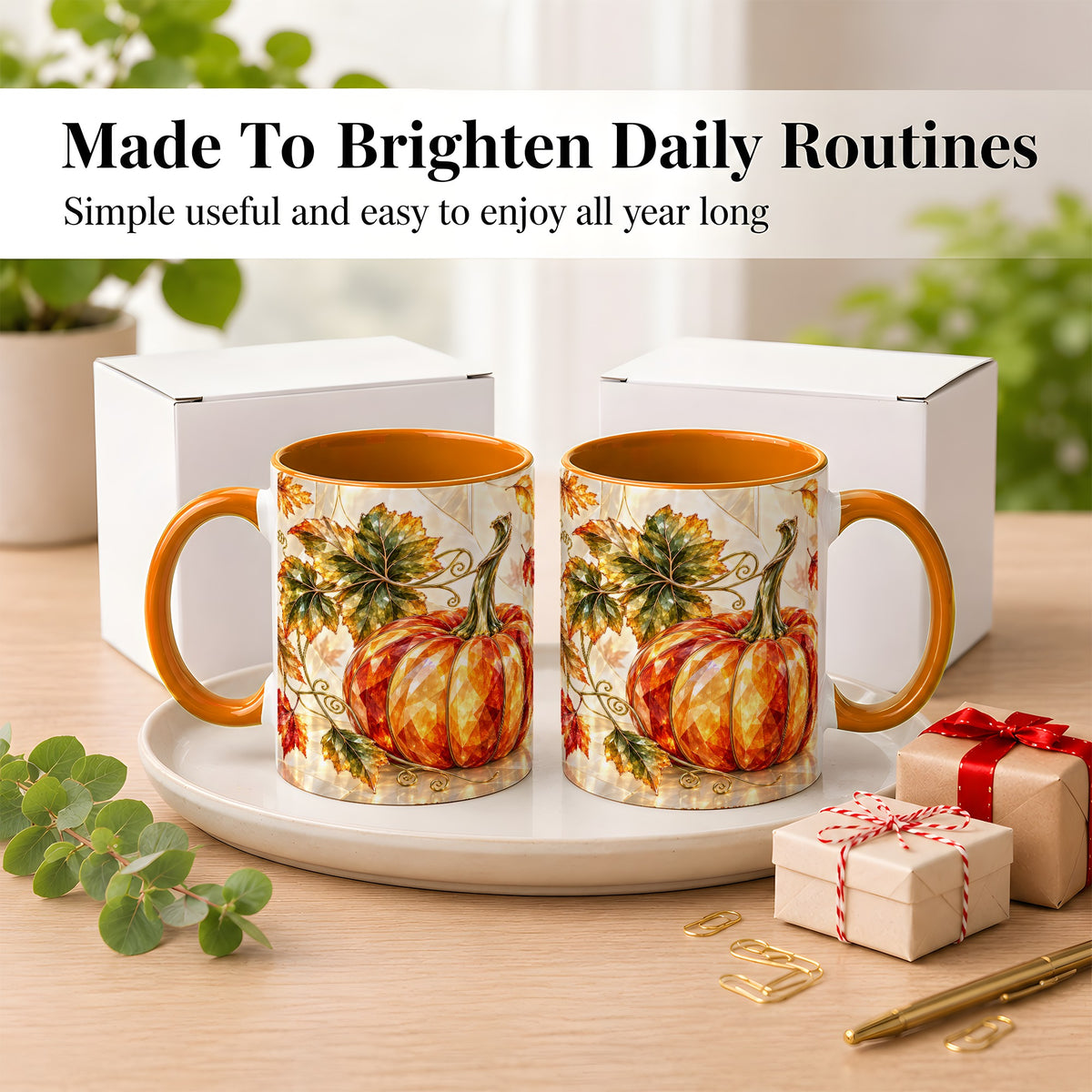 #pl[11oz|Orange] Stained Glass Style Pumpkin Coffee Mug, Autumn Leaves Mug, Ceramic Cup