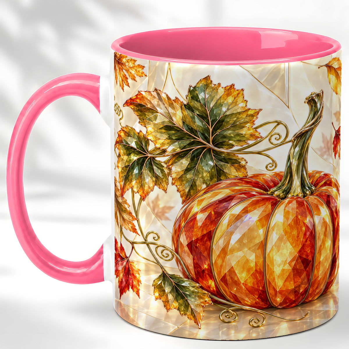 #pl[11oz|Pink] Stained Glass Style Pumpkin Coffee Mug, Autumn Leaves Mug, Ceramic Cup