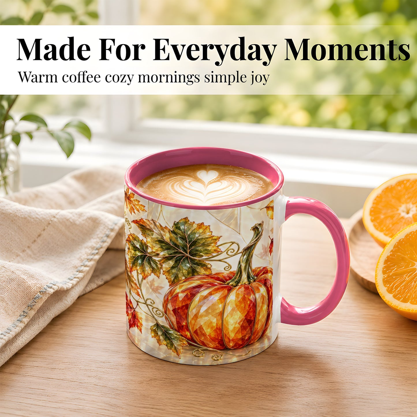 #pl[11oz|Pink] Stained Glass Style Pumpkin Coffee Mug, Autumn Leaves Mug, Ceramic Cup