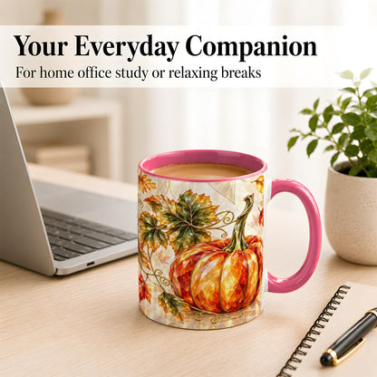 #pl[11oz|Pink] Stained Glass Style Pumpkin Coffee Mug, Autumn Leaves Mug, Ceramic Cup