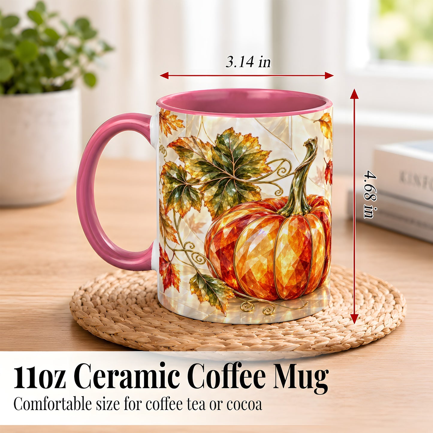 #pl[11oz|Pink] Stained Glass Style Pumpkin Coffee Mug, Autumn Leaves Mug, Ceramic Cup