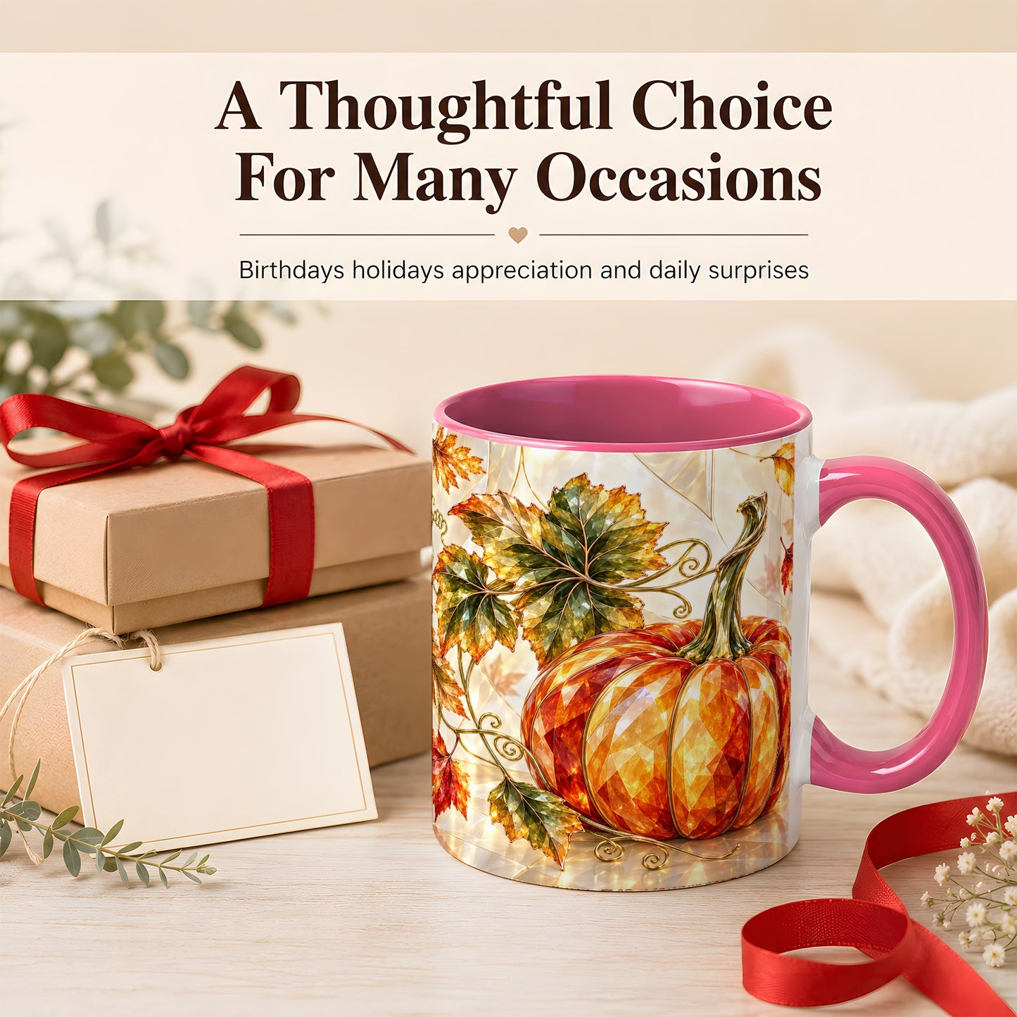 #pl[11oz|Pink] Stained Glass Style Pumpkin Coffee Mug, Autumn Leaves Mug, Ceramic Cup