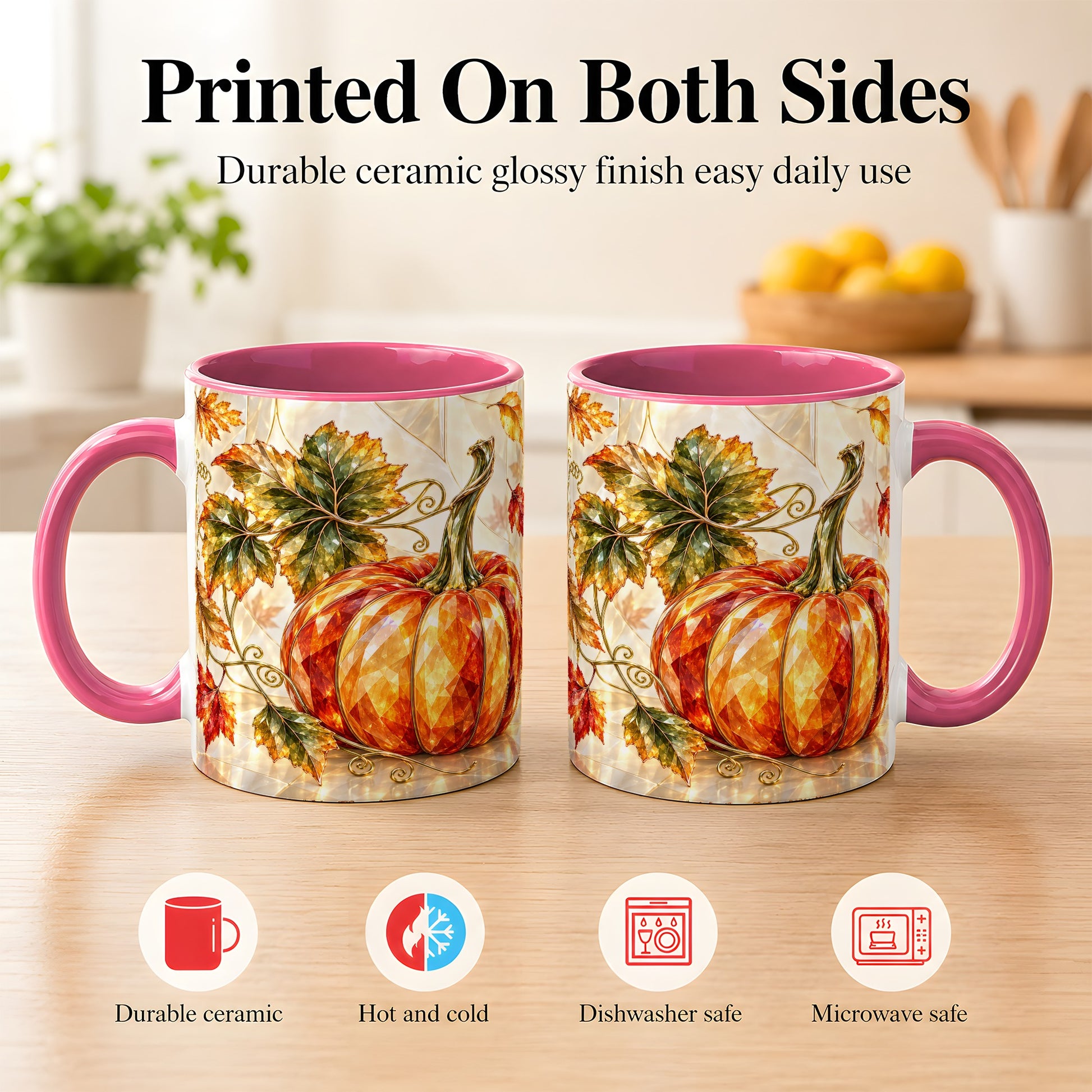 #pl[11oz|Pink] Stained Glass Style Pumpkin Coffee Mug, Autumn Leaves Mug, Ceramic Cup