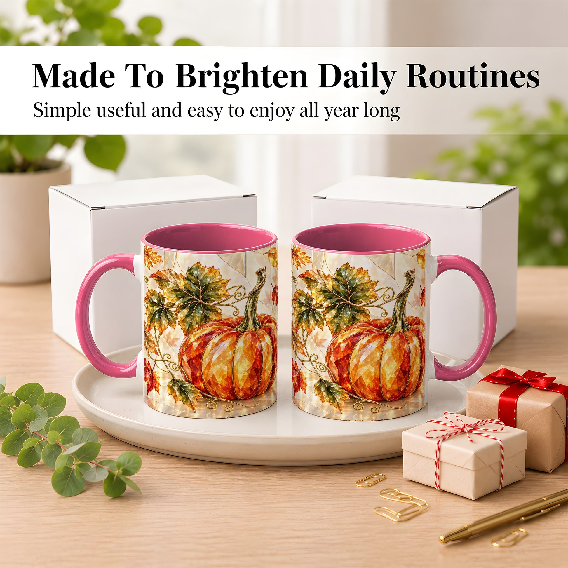 #pl[11oz|Pink] Stained Glass Style Pumpkin Coffee Mug, Autumn Leaves Mug, Ceramic Cup