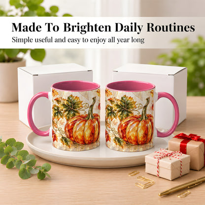 #pl[11oz|Pink] Stained Glass Style Pumpkin Coffee Mug, Autumn Leaves Mug, Ceramic Cup