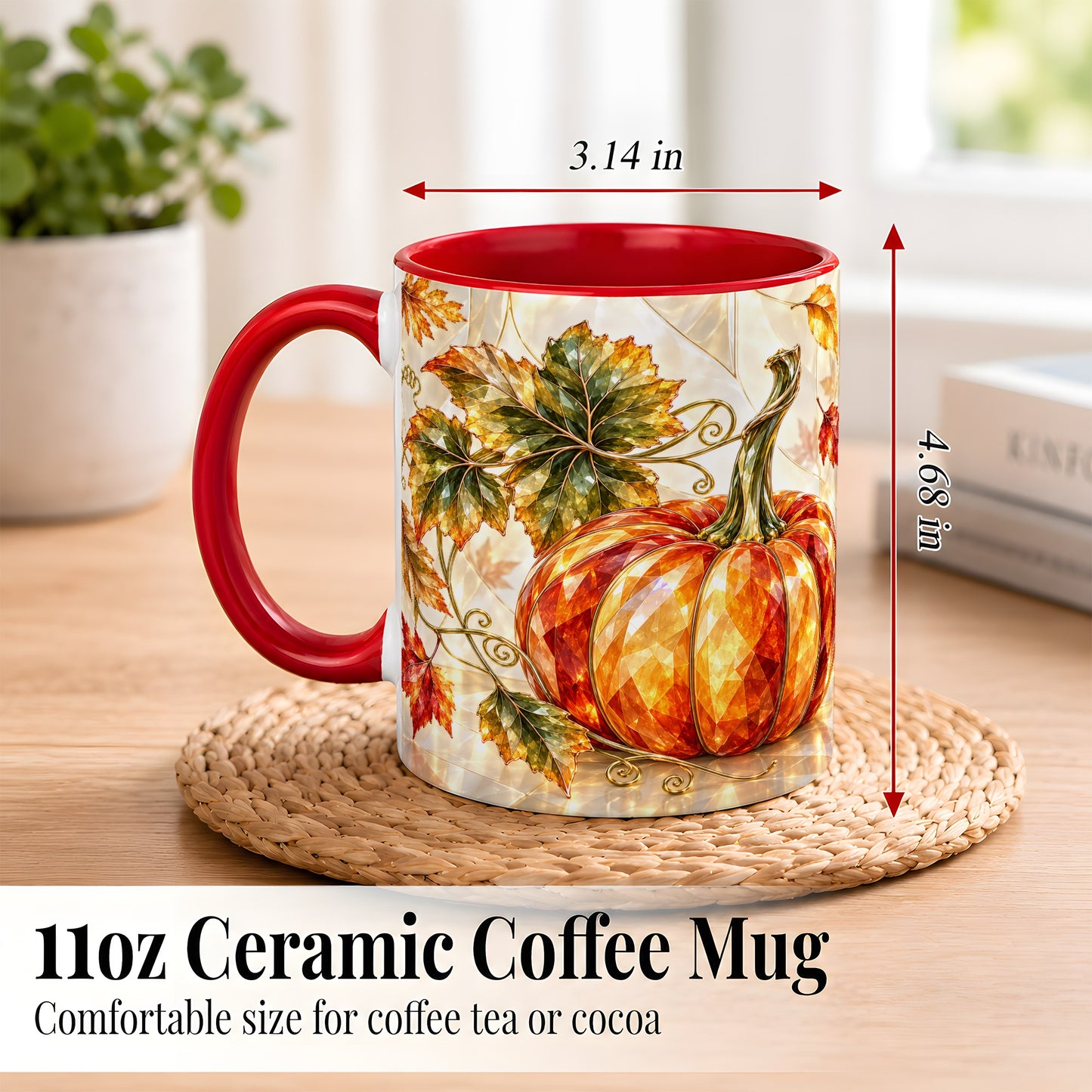 #pl[11oz|Red] Stained Glass Style Pumpkin Coffee Mug, Autumn Leaves Mug, Ceramic Cup