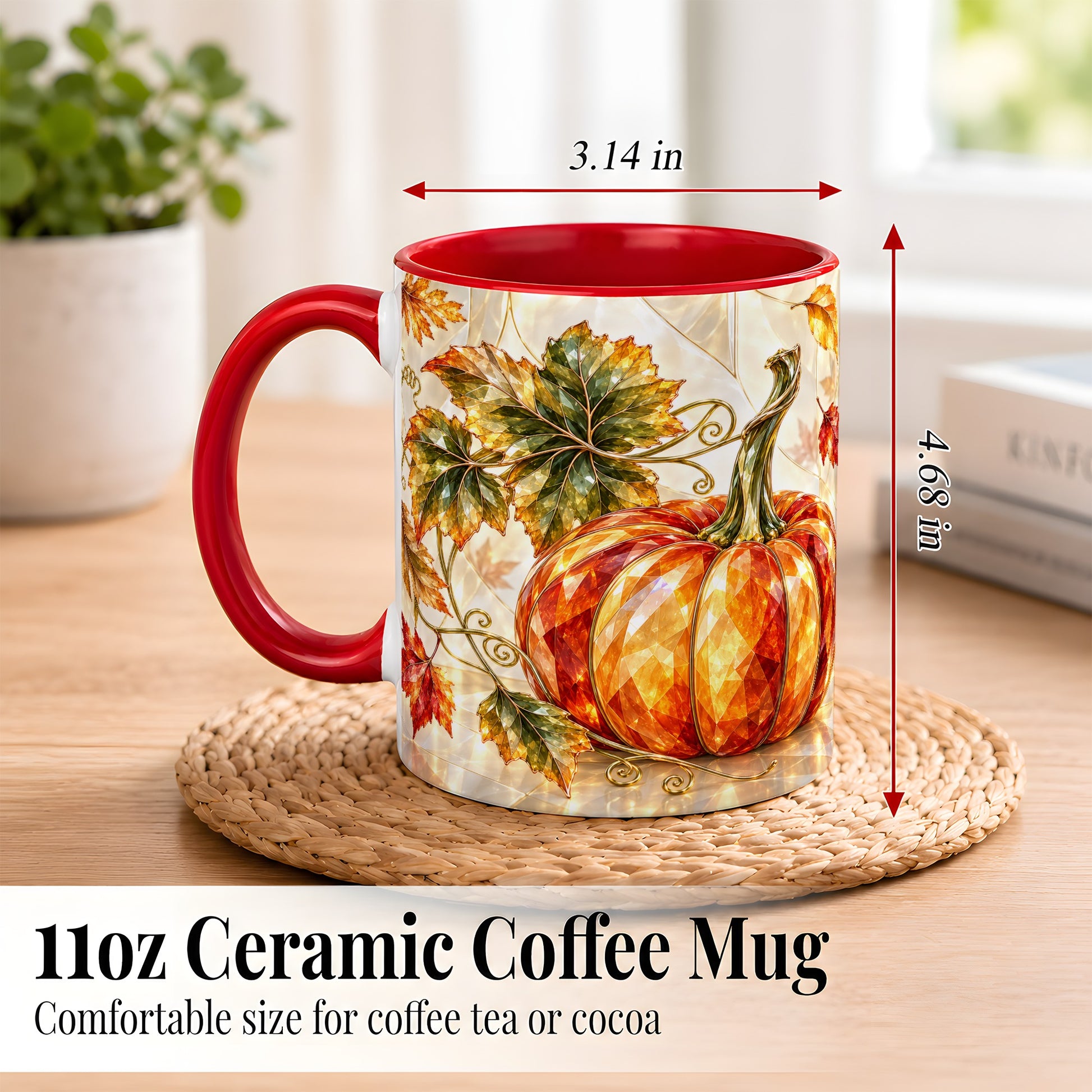 #pl[11oz|Red] Stained Glass Style Pumpkin Coffee Mug, Autumn Leaves Mug, Ceramic Cup