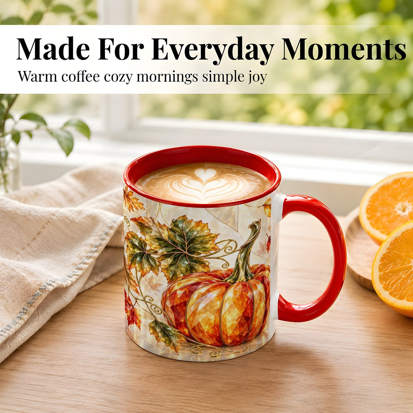 #pl[11oz|Red] Stained Glass Style Pumpkin Coffee Mug, Autumn Leaves Mug, Ceramic Cup