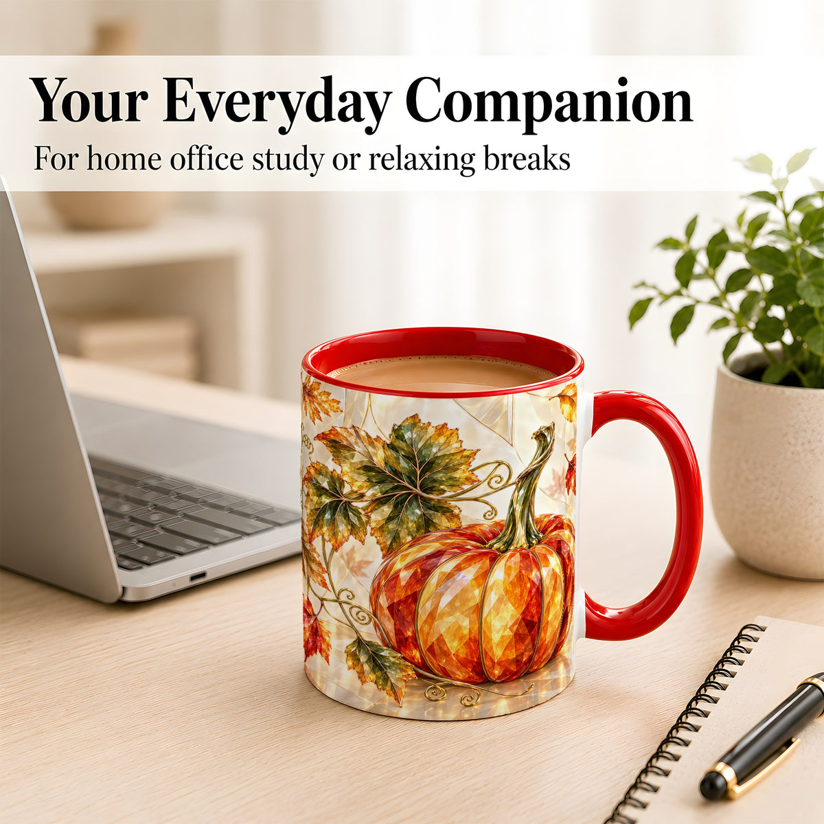 #pl[11oz|Red] Stained Glass Style Pumpkin Coffee Mug, Autumn Leaves Mug, Ceramic Cup